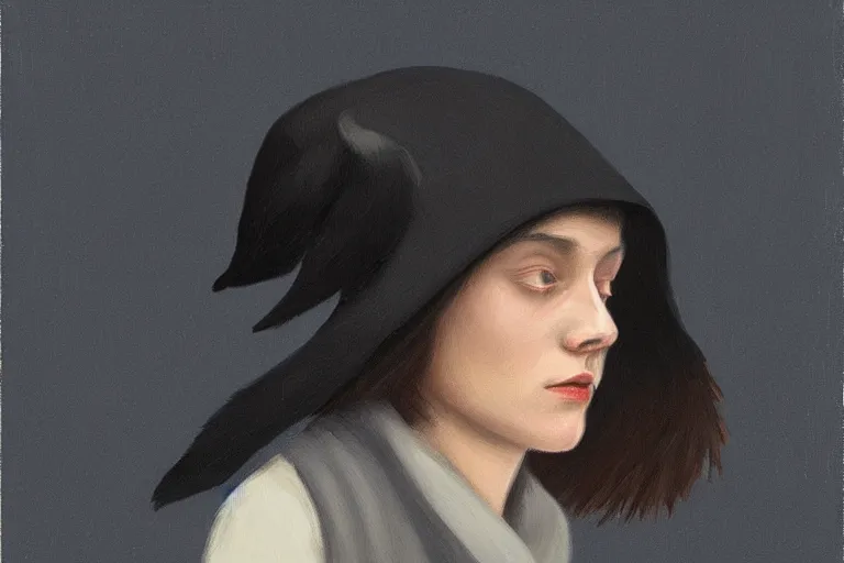 Image similar to young a woman with a raven - shaped hat artwork by tim eitel