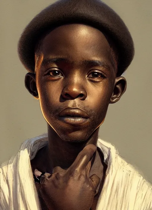 Image similar to a portrait of an african boy with a crooked nose in victorian clothing, confident pose, intricate, elegant, sharp focus, illustration, highly detailed, concept art, matte, trending on artstation, anime, art by james jean and artgerm and brian despain and alberto mielgo, greg rutkowski, wlop, ilya kuvshinov, strong strokes