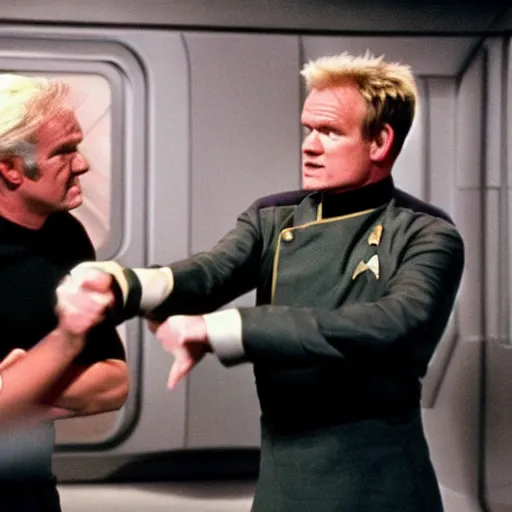 Image similar to gordon ramsey fighting chancellor gorwon from star trek, scene of a battle