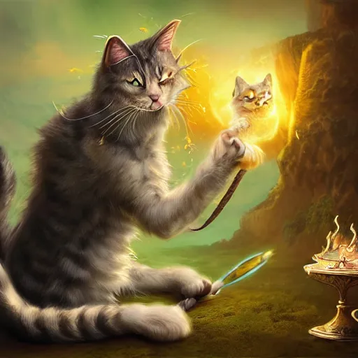 Image similar to fantasy cat casting a magic spell, high detail, fantasy art, concept art, 4 k, ultra detail, computer art