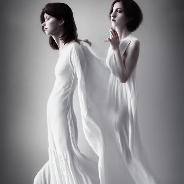 Image similar to a wonderful realistic portrait of a lonely woman who is dressed with a wonderful, majestic, large semi transparent white cotton dress, accent white lighting, dramatic light, octane render