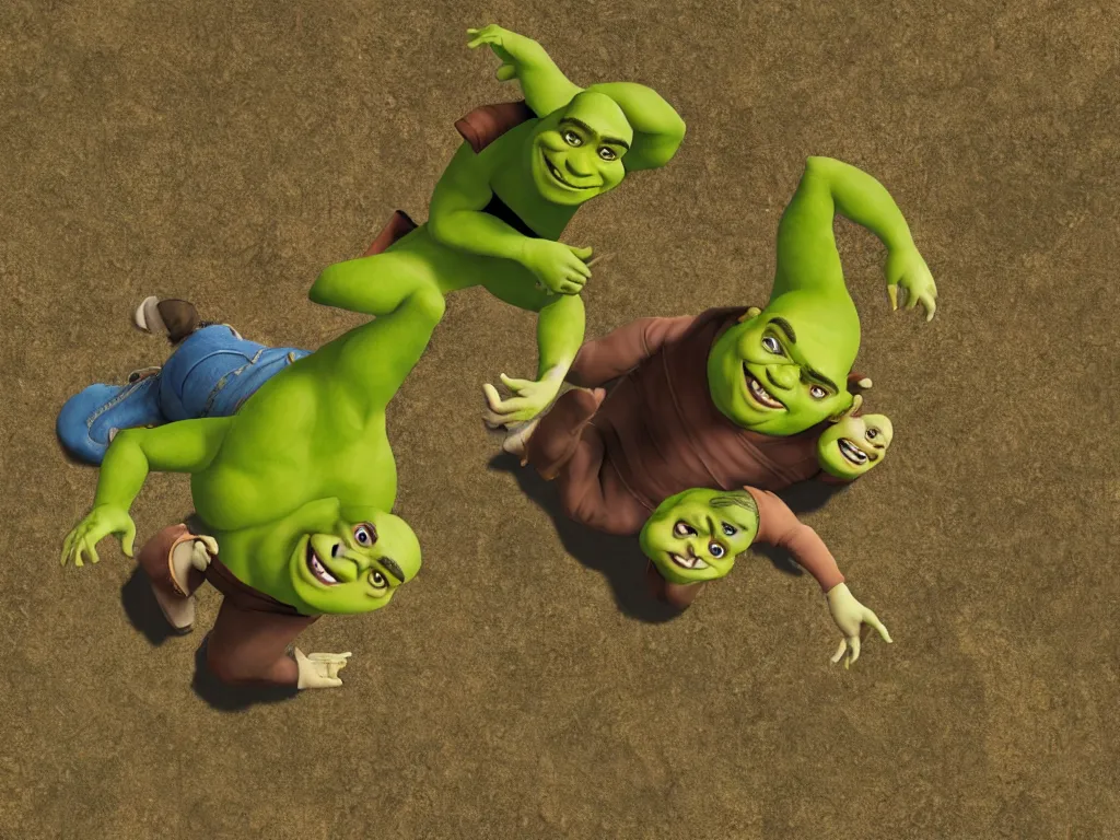 Image similar to shrek breakdancing while lord farquaad is in the back being impressed, High Definition detail, 8K, photography