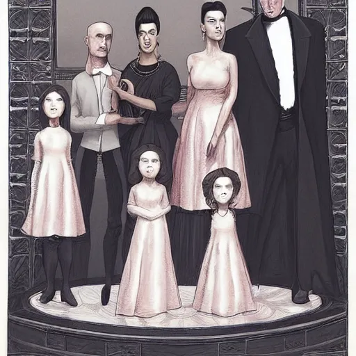 Image similar to Family portrait of Kim Kardashian and her husband pinhead from 'Hellraiser!'. with their 3 children. illustration, highly detailed by Greg Rutkowski