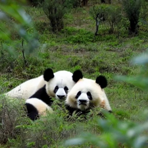 Image similar to a herd of hundreds of panda bears in the african savannah.
