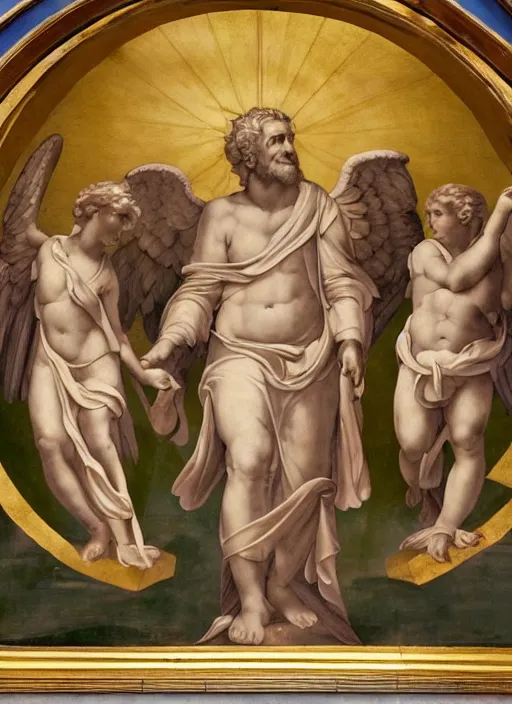 Image similar to A beautiful fresco of Bernie Sanders as God by Michelangelo, golden rays, clouds and Alexandria Ocasio-Cortez as a cherub with wings