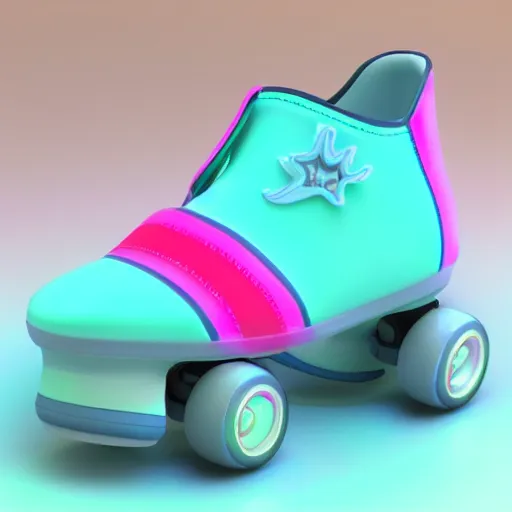 Prompt: white retro! roller skates with cyan wheels on a pedstal, octane render, 3 d model, pink lightning, neon!! light, blender