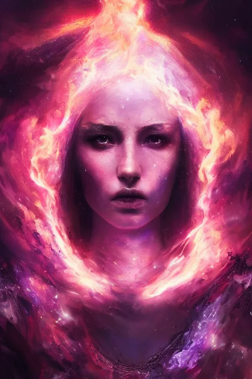 Image similar to a beautiful portrait of a young cosmic Demon women covered in deep purple flames with an intense look on her face by Greg Rutkowski, Sung Choi, Mitchell Mohrhauser, Maciej Kuciara, Johnson Ting, Maxim Verehin, Peter Konig, Bloodborne , 8k photorealistic, cinematic lighting, HD, high details, atmospheric , trending on artstation