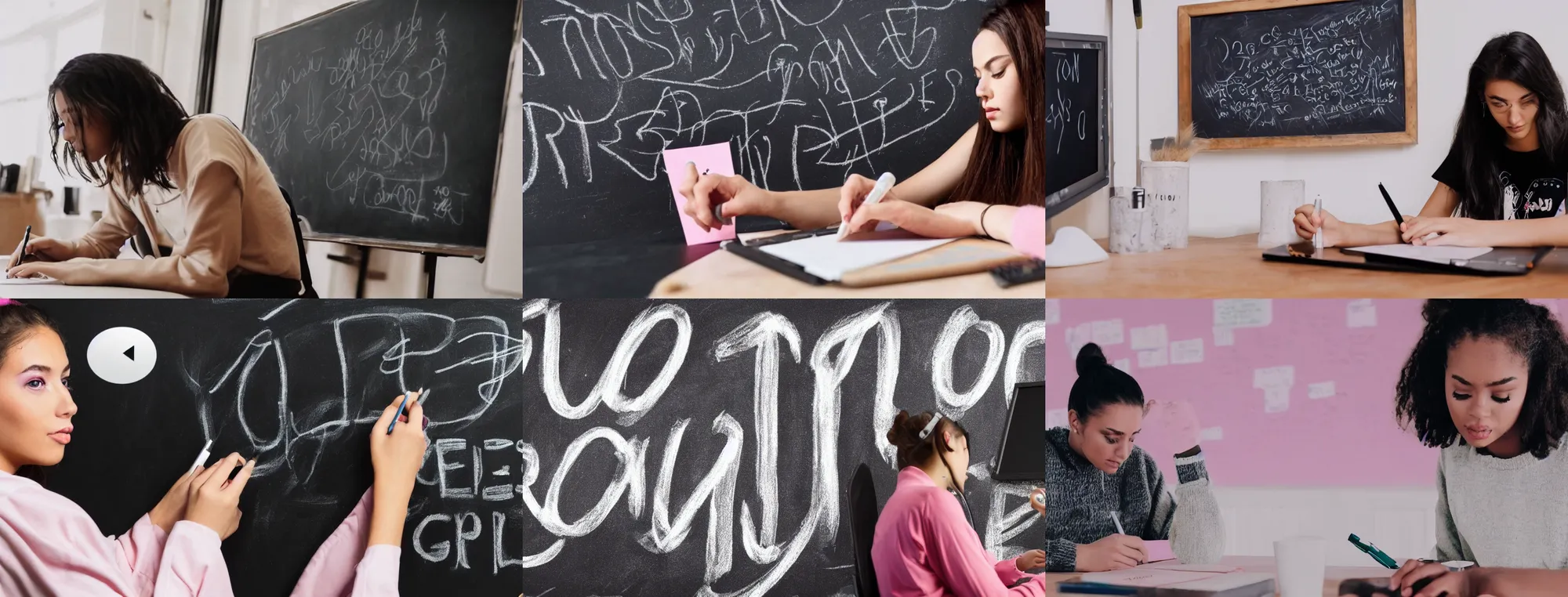 Prompt: a closeup still of an e-girl YouTuber writing on the chalkboard, 2019 video screenshot