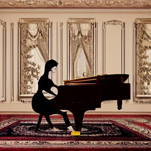 Prompt: interior of a beautiful an mid century british mansion hall, fully furnished, soft lighting, close up of an elegant victorian lady playing a grand piano at the hall. ultra realistic, ultra detailed, cinematic composition and lighting