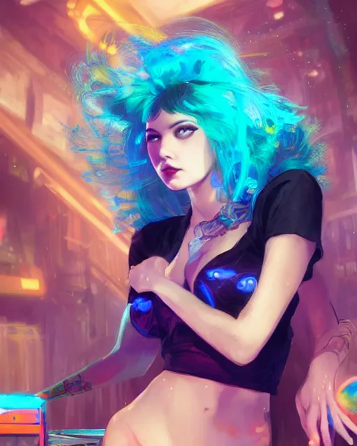 Image similar to pretty girl with blue hair, dj girl, in a club, laser lights background, sharp focus, digital painting, 8 k, concept art, art by wlop, artgerm, greg rutkowski and alphonse mucha