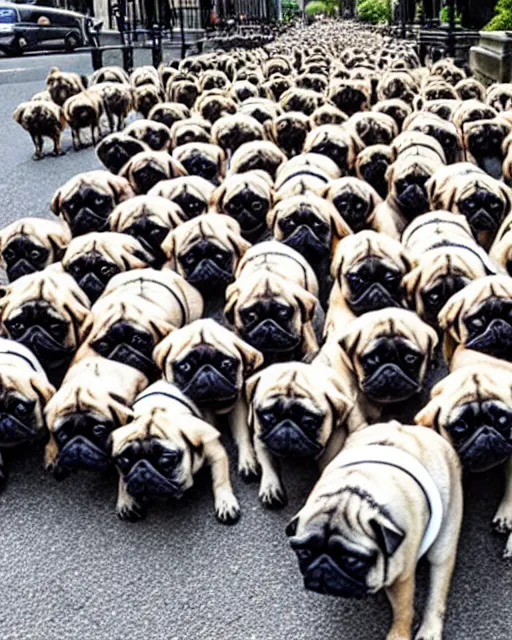 Prompt: a million pugs marching through a city street