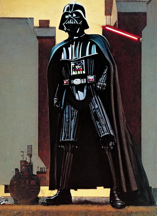 Image similar to a norman rockwell painting of darth vader on an i - beam