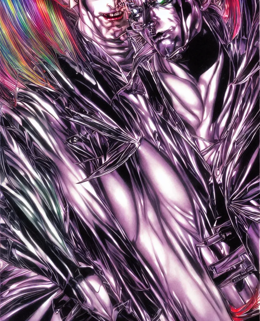 Image similar to realistic detailed image of ultra mega rainbow american psycho christian bale symmetrical depth perception masterpiece depth of field action horror gothic vivid colors art by yoshitaka amano by yukito kishiro by yoshiyuki sadamoto by artgerm by hajime sorayama