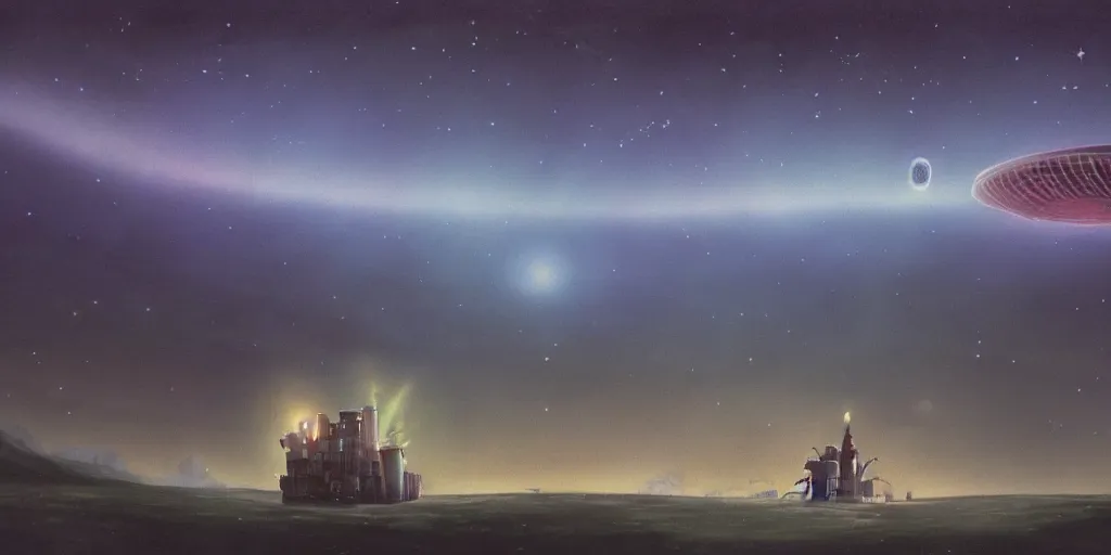 Prompt: a realistic and atmospheric cell - shaded concept art from howl's moving castle ( 2 0 0 4 ) of a multi - colored ufo from close encounters of the third kind ( 1 9 7 7 ). it is a misty starry night. very dull colors, hd, 4 k, hq