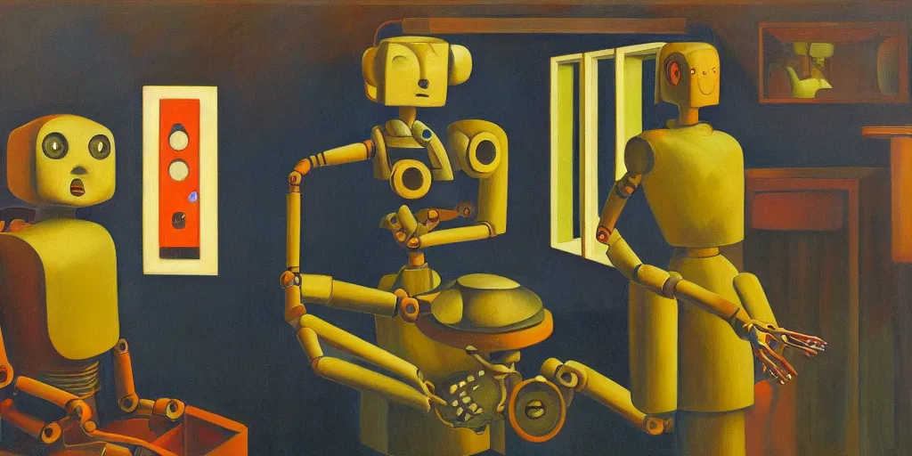 Image similar to robot using a control panel portrait, lowbrow, pj crook, grant wood, edward hopper, oil on canvas