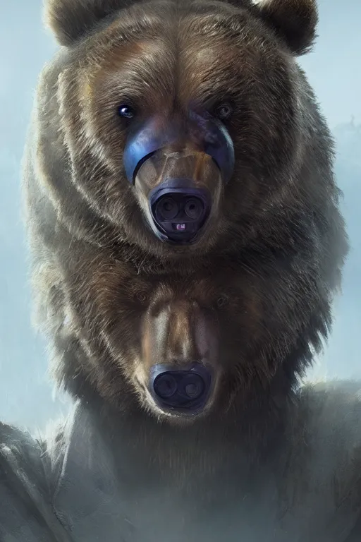 Image similar to a portrait of a cyborg Bear by Greg Rutkowski, Sung Choi, Mitchell Mohrhauser, Maciej Kuciara, Johnson Ting, Maxim Verehin, Peter Konig, final fantasy , mythical, 8k photorealistic, cinematic lighting, HD, high details, atmospheric,