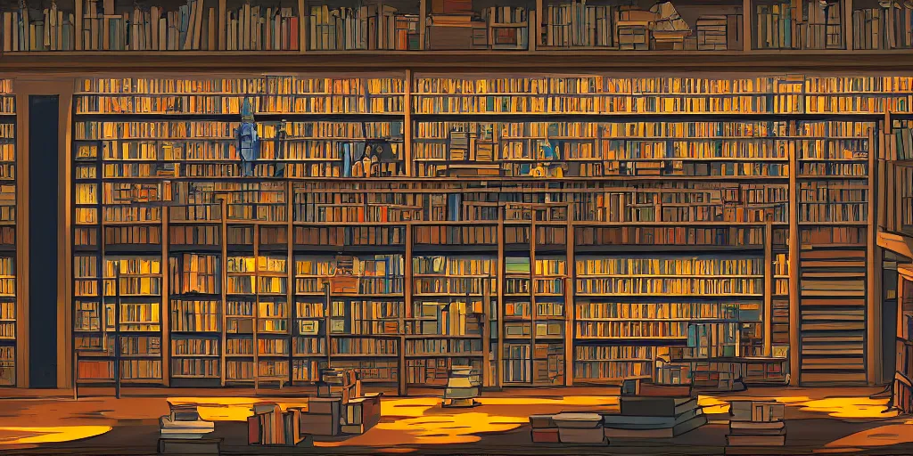 Prompt: a library full of books, low saturation, sunset light, pixel degradation, 16bits videogame, motion, 2d