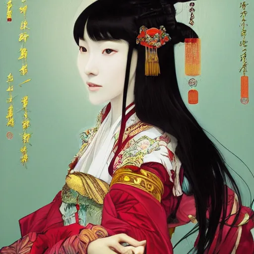 Image similar to a beautiful portrait of hatsune miku with long black and deep red colored hair dressed as a 1 6 th century chinese noblewoman, intricate, elegant, highly detailed, digital painting, artstation, concept art, matte, sharp focus, illustration, art by greg rutkowski and alphonse mucha