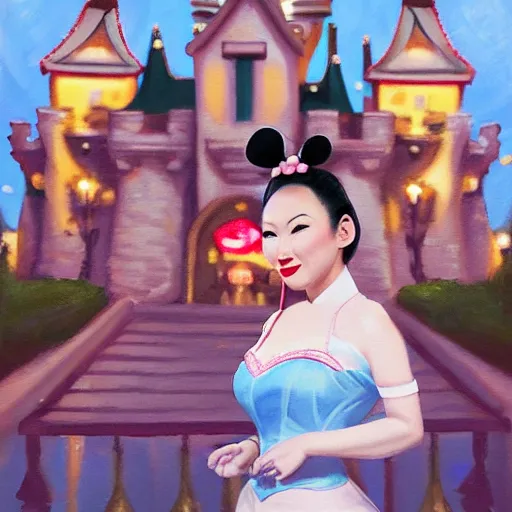 Prompt: beautiful bald asian woman with pinup makeup wearing disneyland mouse ears standing in front of the disneyland castle at night, oil painting, highly detailed, theatrical lighting, sharp focus