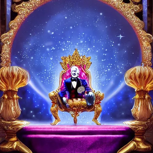 Image similar to shining giant throne made of millions of diamonds, gold and sapphires with thousands of light reflections, and a clown on a tuxedo suit is sitting on the throne while handing an earth globe, dramatic light, digital painting, ultradetailed, artstation, oil painting