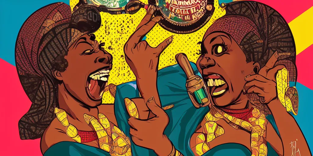 Image similar to mama africa laugh at her child!!! pop art, pixel, bioshock, gta chinatown, artgerm, richard hamilton, mimmo rottela, julian opie, aya takano, intricate, sharp focus, concept art, smooth, focus on details