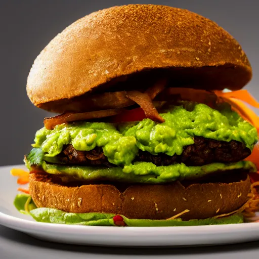 Prompt: vegan hamburger with guacamole and crispy fried onion and fried egg toppings, crispy buns, 8 k resolution, studio lighting, sharp focus, hyper - detailed