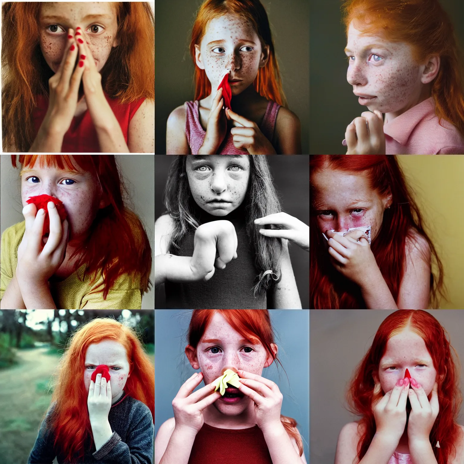 Prompt: photograph of a ten year old girl picking her nose by annie leibovitz, red hair, freckles