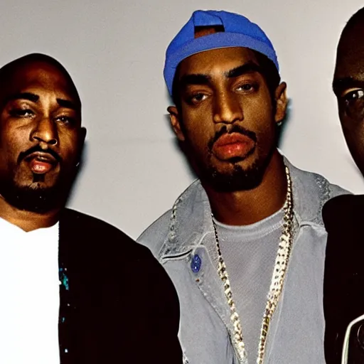 Image similar to Tupac, Notorious BIG, and Nipsey Hussle together as angels in heaven