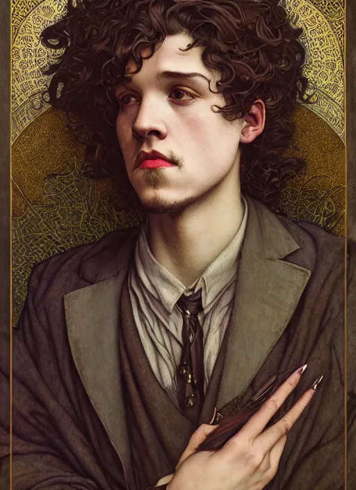 Image similar to edmund dulac, leyendecker, highly detailed portrait, a beautiful androgynous kit harrington, long hair, tall and thin, wearing several pendants, art nouveau, stephen bliss, unreal engine, by greg rutkowski, loish, ferdinand knab, ilya kuvshinov, rossdraws, tom bagshaw, alphonse mucha, global illumination, radiant light