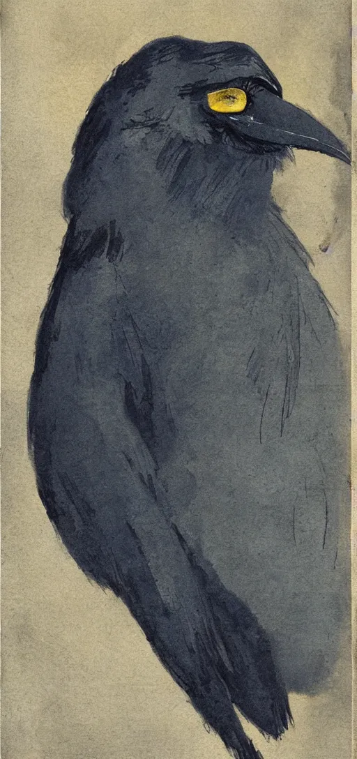 Image similar to long - eared monkey - crow creature wearing a raincoat | tonalist painting, crosshatching, grisaille | prussian blue and azo yellow, dramatic lighting