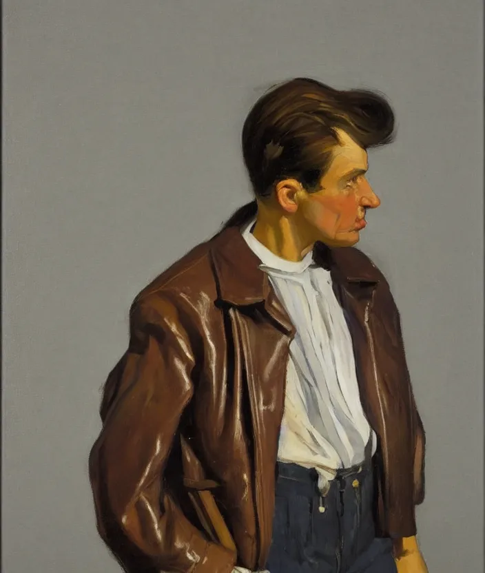 Prompt: a very detailed portrait of a man, wearing an 8 0 s leather jacket with big shoulder pads, front view, in the style of edward hopper and oswald hornby joseph birley and susan ryder, very small brushstrokes, 4 k,