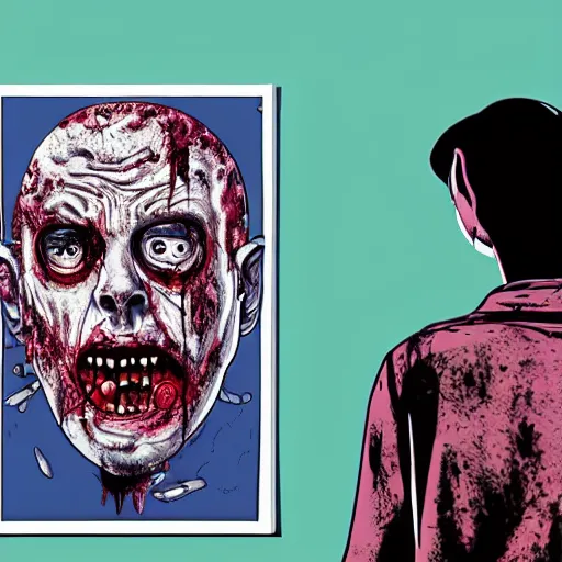 Image similar to glossy old advertising poster of a man turning into a zombie, busy street corner, horror, drawn comic by junji ito, pastels, gradient,