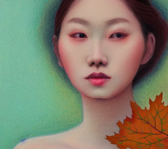 Image similar to detailed pastel colors portrait of a woman with a dress made of autumn leaves, by hsiao - ron cheng, fine detail, 8 k