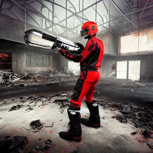 prompthunt: Man wearing dark racing helmet with cracked visor, red hockey  pads, snowboots, leather jacket, black leather gloves, firing a comically  large minigun, in destroyed, abandoned, vibrant, suburban neighborhood.  high quality, unreal