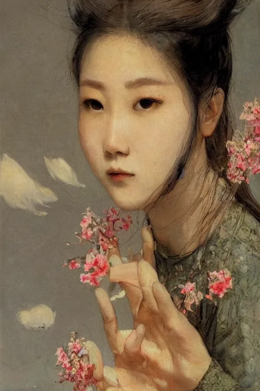 Image similar to close - up fashion asian woman portrait airy flowers sacura cloudy sky art by vasnetsov