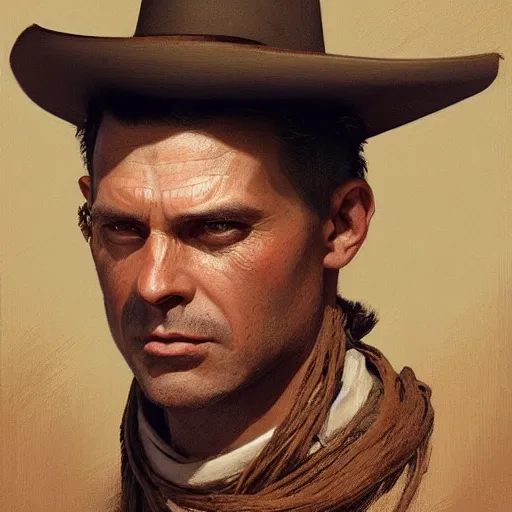 Image similar to clean shaven, tan, middle - aged christian priest with dark hair in wild west, portrait, highly detailed, digital painting, artstation, oppressive lighting, concept art, sharp focus, illustration, art by greg rutkowski and alphonse mucha