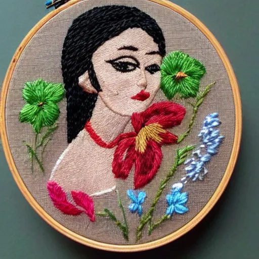 Image similar to a tiny beautiful handmade embroidery of a woman. hand embroidery.