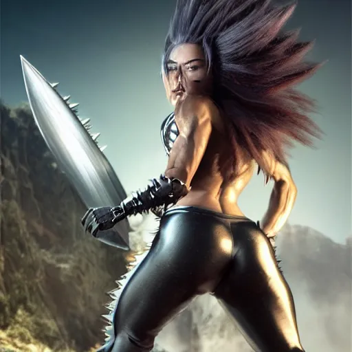 Image similar to warrior girl, muscular girl, wild spiky black saiyan hair, long spiky hair, electrified hair, wearing chrome silver armor and black spandex pants, ultra realistic, intricate details, highly detailed, subsurface scattering, photorealistic, octane render, 8 k, art by artgerm, greg rutkowski, magali villeneuve, alphonse mucha