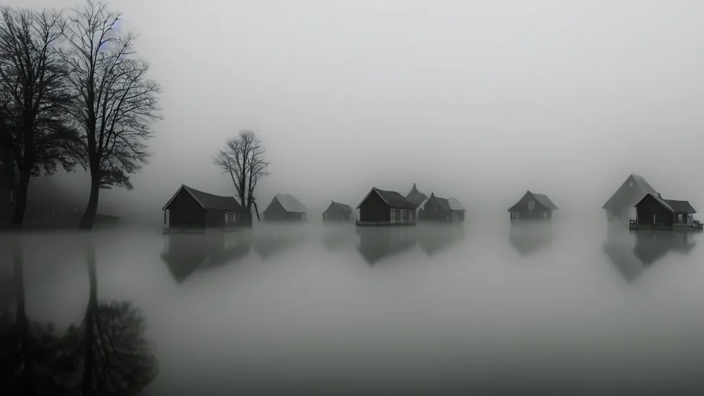 Image similar to village with beautiful houses in the fog on the lake, fog, volumetric lighting, mystique, atmospheric, conept art, sharp focus, ultra detailed, noir arthouse, 4 k, luminous details, cinematic, 3 5 mm, fujifilm