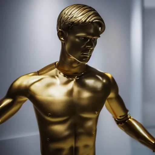 Image similar to a realistic detailed photo of a guy who is an attractive humanoid who is half robot and half humanoid, who is a male android, soccer players martin ødegaard, shiny skin, posing like a statue, blank stare, in a museum, on display, showing off his muscles, gold soccer shorts, ground view, porcelain statue