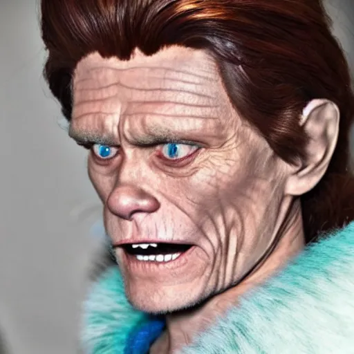 Image similar to Willem Dafoe as Elsa from Frozen, live action cosplay photograph