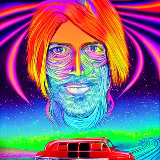 Image similar to long blond haired hippy drives school bus through psychedelic dreamscape skyscape detailed trippy trending on artstation colourful