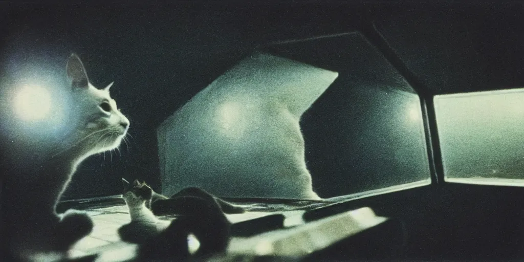 Image similar to detailed medium format photo, polaroid still from tarkovsky movie, a cat at the controls of a 1 9 7 0's spaceship, haze, high production value, intricate details, 8 k resolution, hyperrealistic, hdr, photorealistic, high definition, tehnicolor, award - winning photography, masterpiece, amazing colors