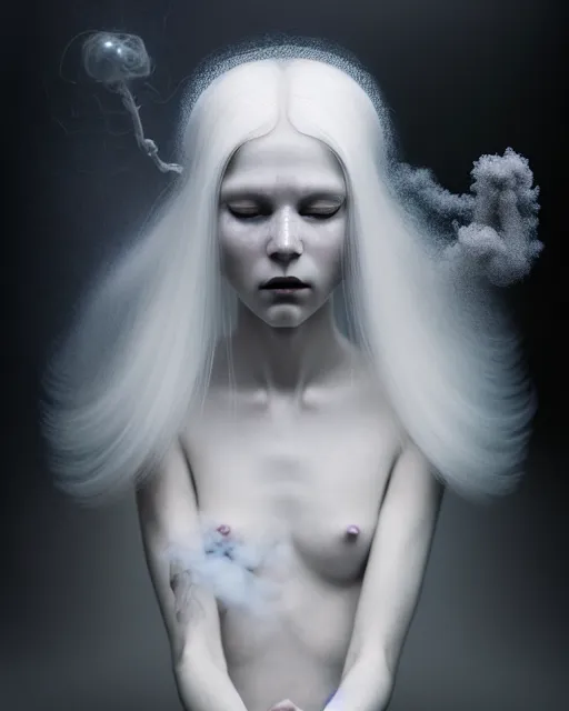 Image similar to monochrome, delicate, dreamy, feminine, subsurface scattering, white, young beautiful robot - cyborg in cosmos long white hair floating in air, fluid smoke art, black and white, octane render, dino valls, mark ryden, joe fenton, michal karcz, highly detailed, rim light, art, cinematic lighting, hyper realism, 8 k