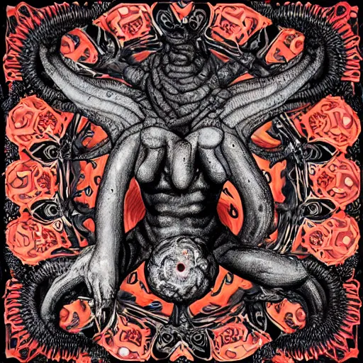 Prompt: 4K headshot of godlike Shub-Niggurath with defined arms and open hands and bloody clothes with giant mandala wings , intricate face , flawless anime cel animation by Kentaro Miura, psychedelic , highly detailed upper body , professionally post-processed , beautiful, scary, symmetry accurate features, epic, octane rendered, anime masterpiece, accurate