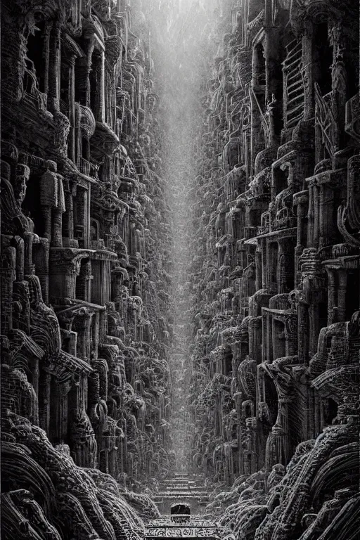 Image similar to intricate artwork masterpiece hellscape ancient temple doors, by nicolas delort, zdizslaw beksinski, victo ngai, josan gonzalez, kilian eng, ominous, dramatic horror cinematic lighting, volumetric 8 k