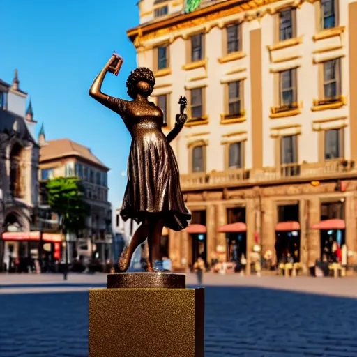 Image similar to a bronze sculpture of taylor swift in the middle of the town square with a pigeon standing on top of it, golden hour, street photography