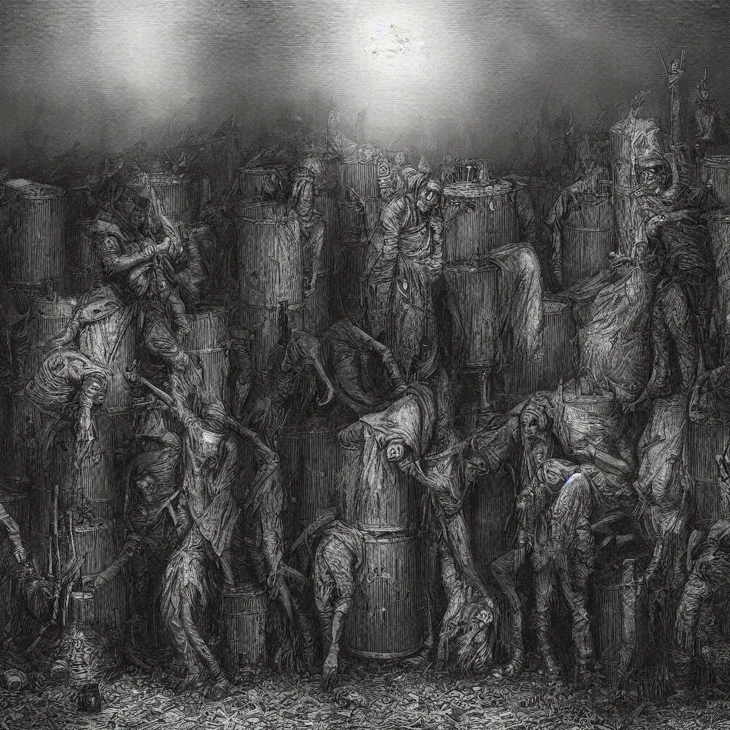 Prompt: nine steel barrels in a graveyard with 2 zombies, creepy atmosphere, dark, portrait, realistic, very realistic, illustration by gustave dore