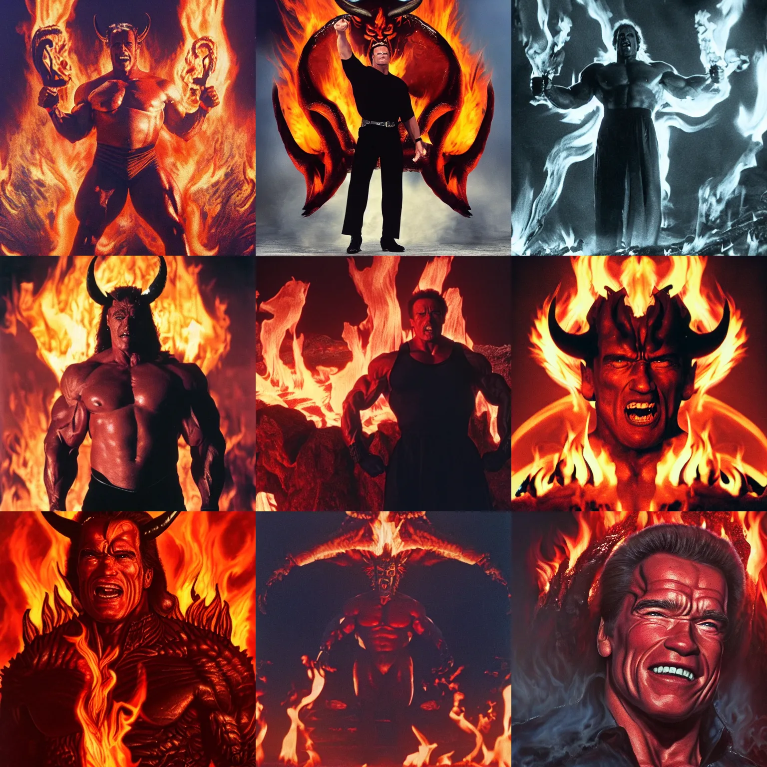 Prompt: arnold schwarzenegger as the devil, standing in front of flames and erupting volacno, ethereal, 8k,