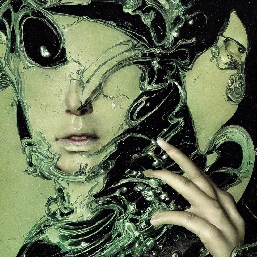 Prompt: a dark baroque close - up portrait of a green and black porcelain being made out of white liquid sci - fi vitrified translucent ceramic marble ; china. reflective detailed textures. gloomy black background. highly detailed fantasy science fiction painting by moebius, norman rockwell, frank frazetta, and syd mead. rich colors, high contrast. artstation